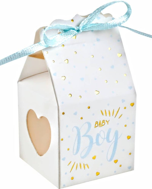 6 Babyshower cadeaus doosje Boy wit met blauw en goud met blauw lintje