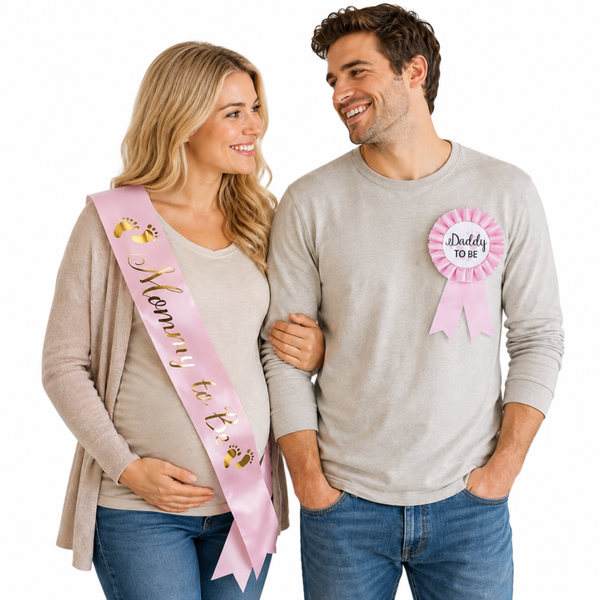 Babyshower set Sjerp Mommy to Be roze met gouden letters en rozet Daddy to be licht roze