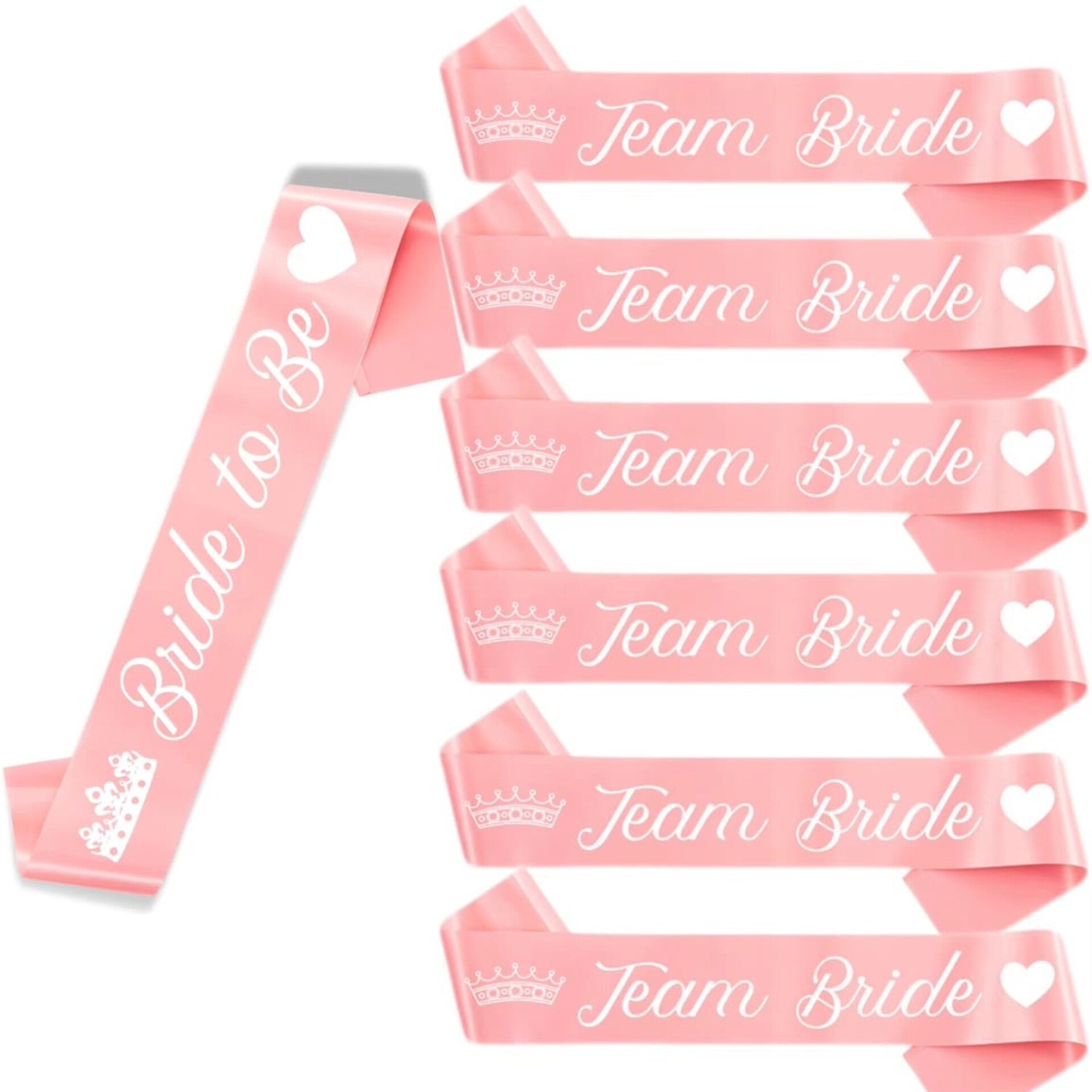 7-delige sjerpen zalm roze set Bride to Be en Team Bride Hearts