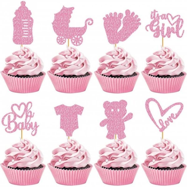 8 cupcake prikkers Baby Girl roze met 8 roze cupcake bakjes