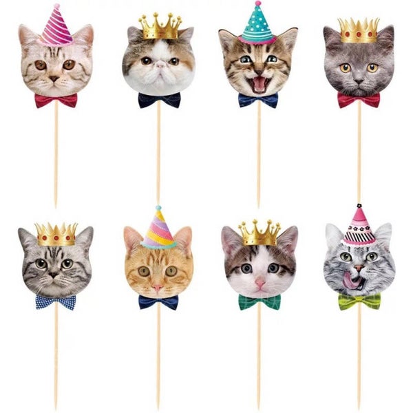 8 cupcake toppers Happy Birthday Cats