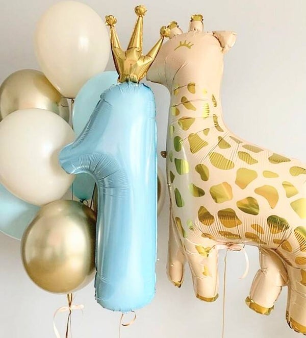 8-delige eerste verjaardag ballon set met Giraf blauw met goud