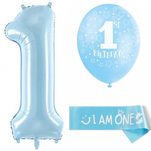 8-delige First Birthday ballonnen met sjerp set blauw en wit