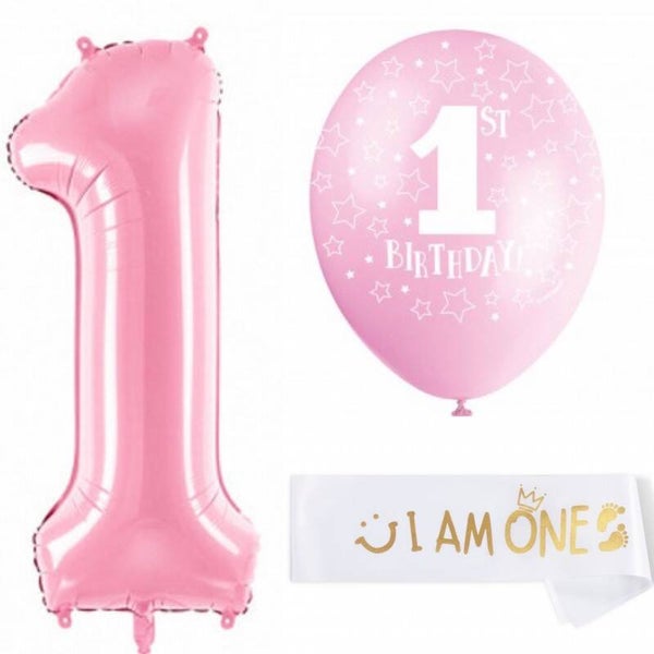 8-delige First Birthday ballonnen met sjerp set roze en wit