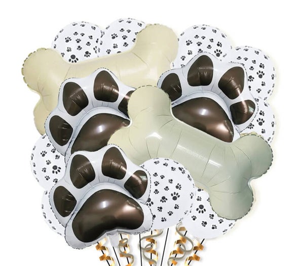 Honden ballonnen set met 5 grote folie ballonnen en 10 latex ballonnen met honden pootjes