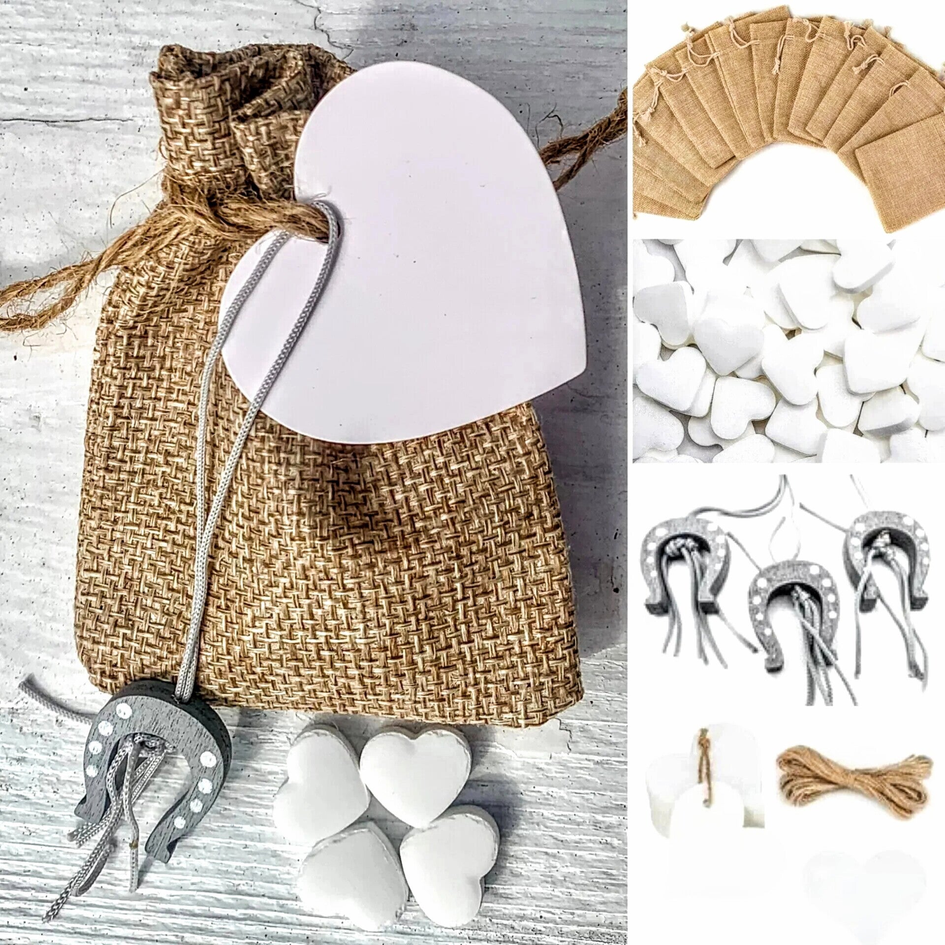 Jute zakje met 10 hartvormige mini pepermuntjes, gelukspoppetje hoefijzer en wit kaartje
