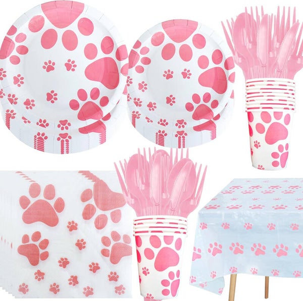 Poezen party pakket XL wit met roze katten pootjes 161 delig