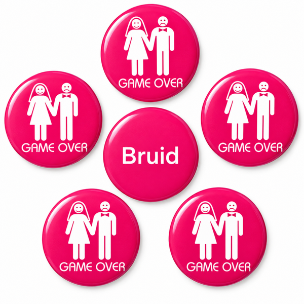 Button set Bruid en Game Over roze 6-delig