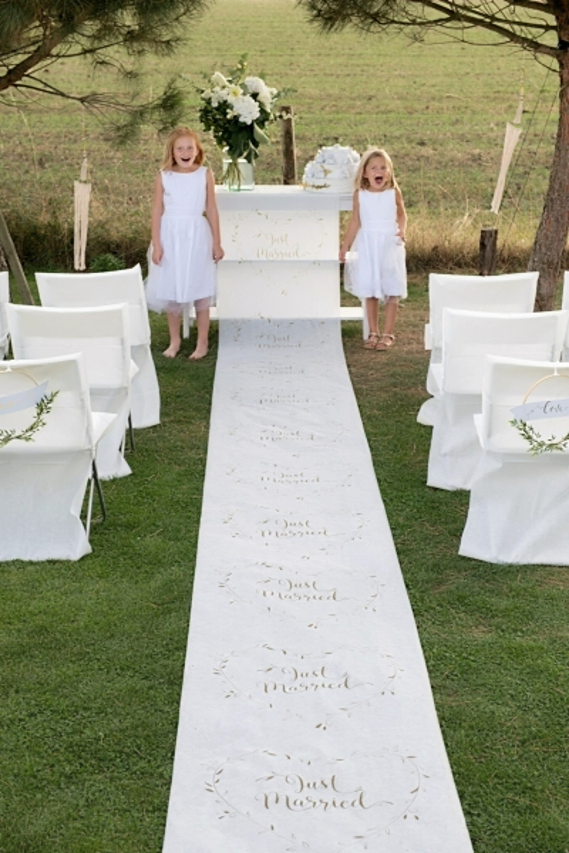 10 meter lange loper Just Married wit met goud