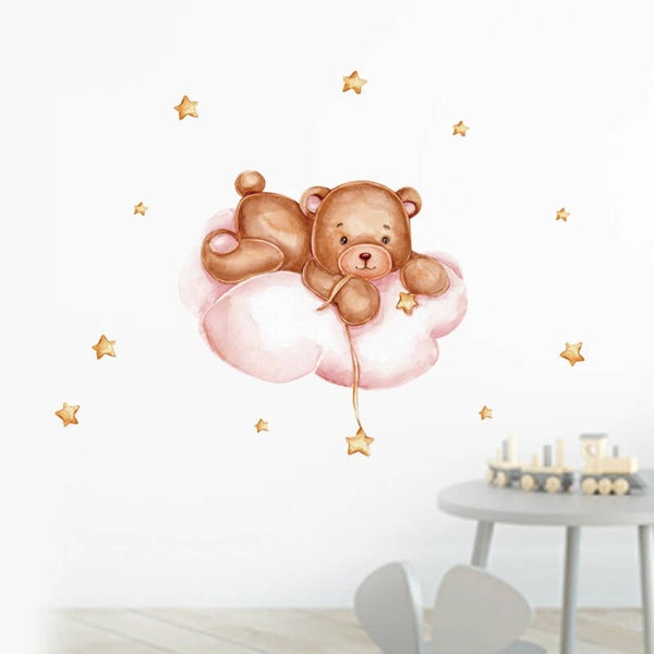Grote muur- of deur stickerset Bear on a Cloud pink