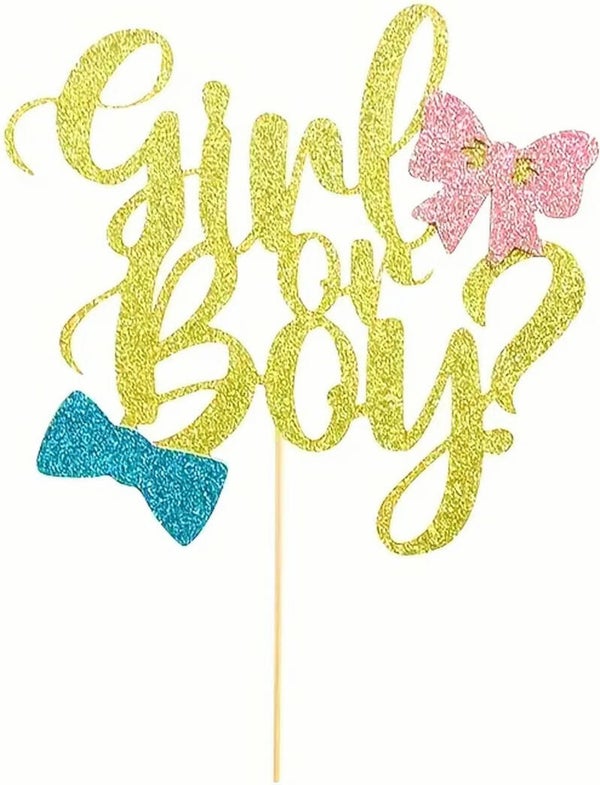 Genderreveal taart topper boy or girl goud met blauw en roze strikje
