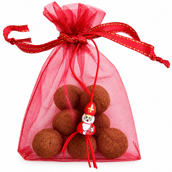 5 Schoencadeautjes rood organza zakje met Sinterklaas gelukspoppetje en 7 pepernoten