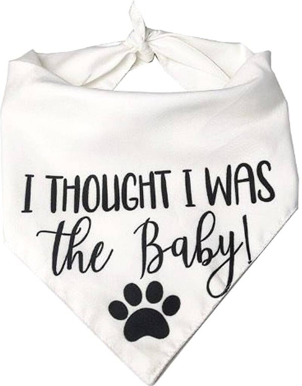 Honden bandana I Thought I was the Baby wit met zwarte tekst en honden pootje