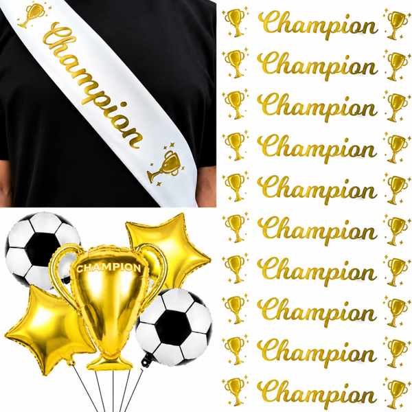 21-delige Voetbal Kampioen met 16 sjerpen Champion en een grote folie ballonnen set