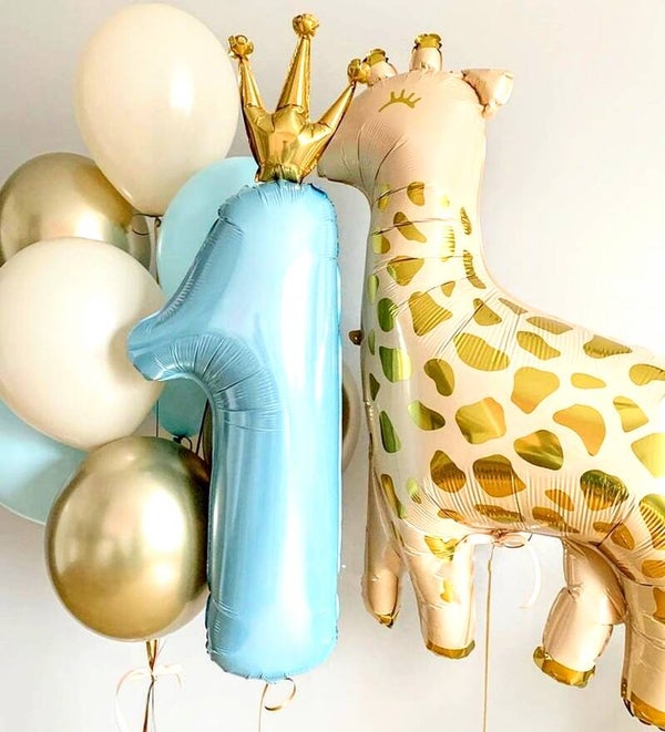 8-delige eerste verjaardag ballon set met Giraf blauw met goud