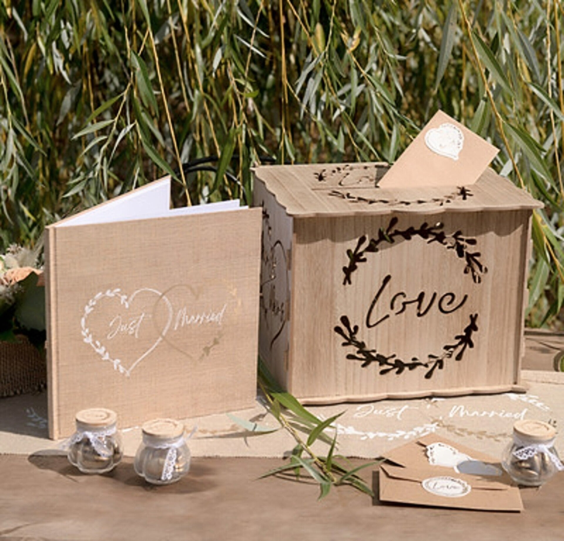 2-delige set met moneybox en gastenboek Natural hout en jute