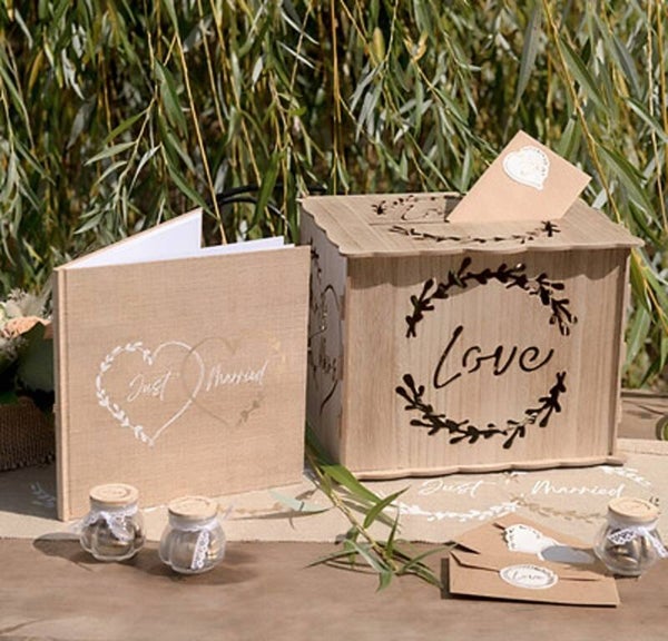 2-delige set met moneybox en gastenboek Natural hout en jute