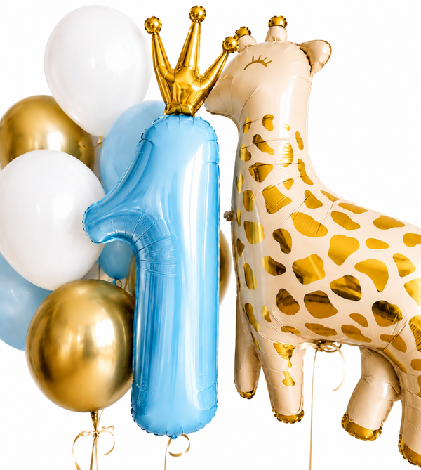 8-delige eerste verjaardag ballon set met Giraf blauw met goud