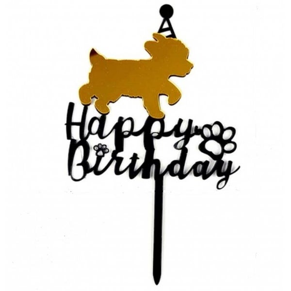 Acryl taart topper Happy Birthday voor de hond goud met zwart, roze of blauw bolletje op muts