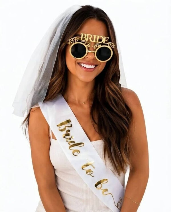 Bride to Be set met bril, sluier en sjerp