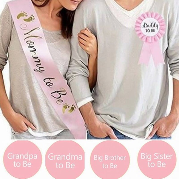 Babyshower of genderreveal set 6-delig met sjerp, rozet en buttons roze