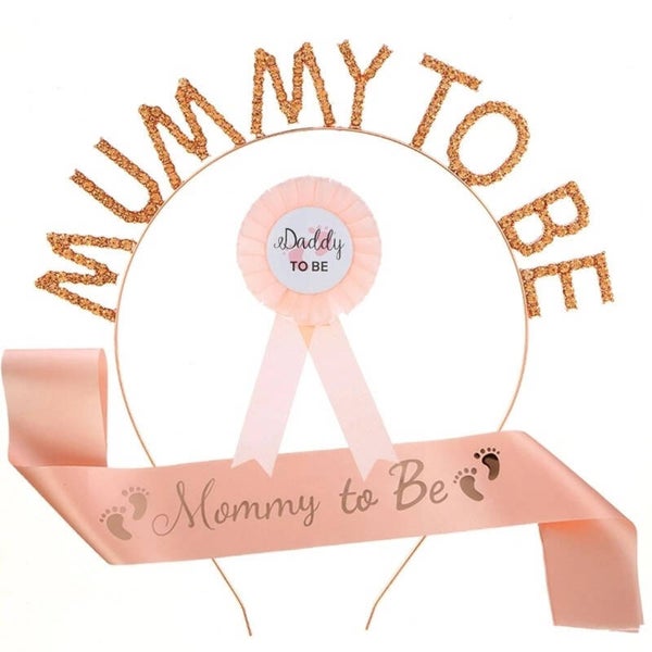 Babyshower set met Sjerp en diadeem Mummy to Be rosé goud en rozet Daddy to be