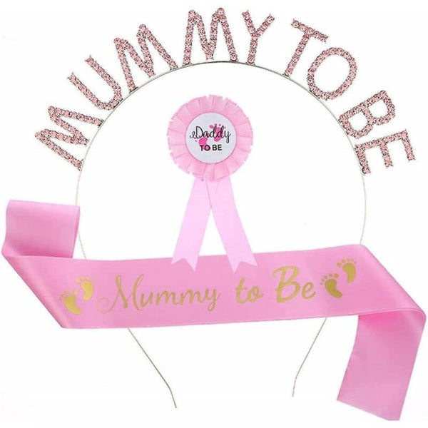 Babyshower set met Sjerp en diadeem Mummy to Be roze en rozet Daddy to be 3-delig