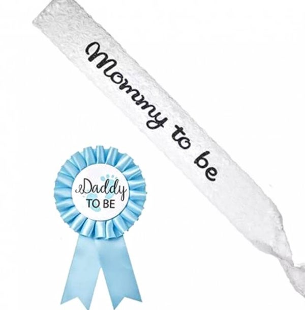 Babyshower set Sjerp Mommy to Be wit kant en rozet Daddy to be licht blauw