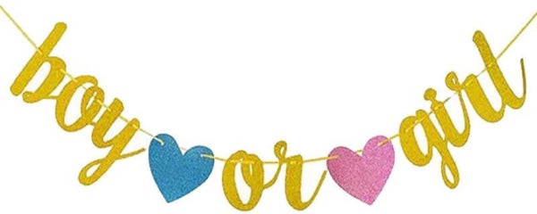 Banner Boy or Girl van glitter karton met roze en blauw hartje
