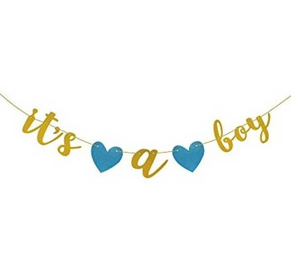Banner gold glitter met 2 blauwe harten It's a Boy