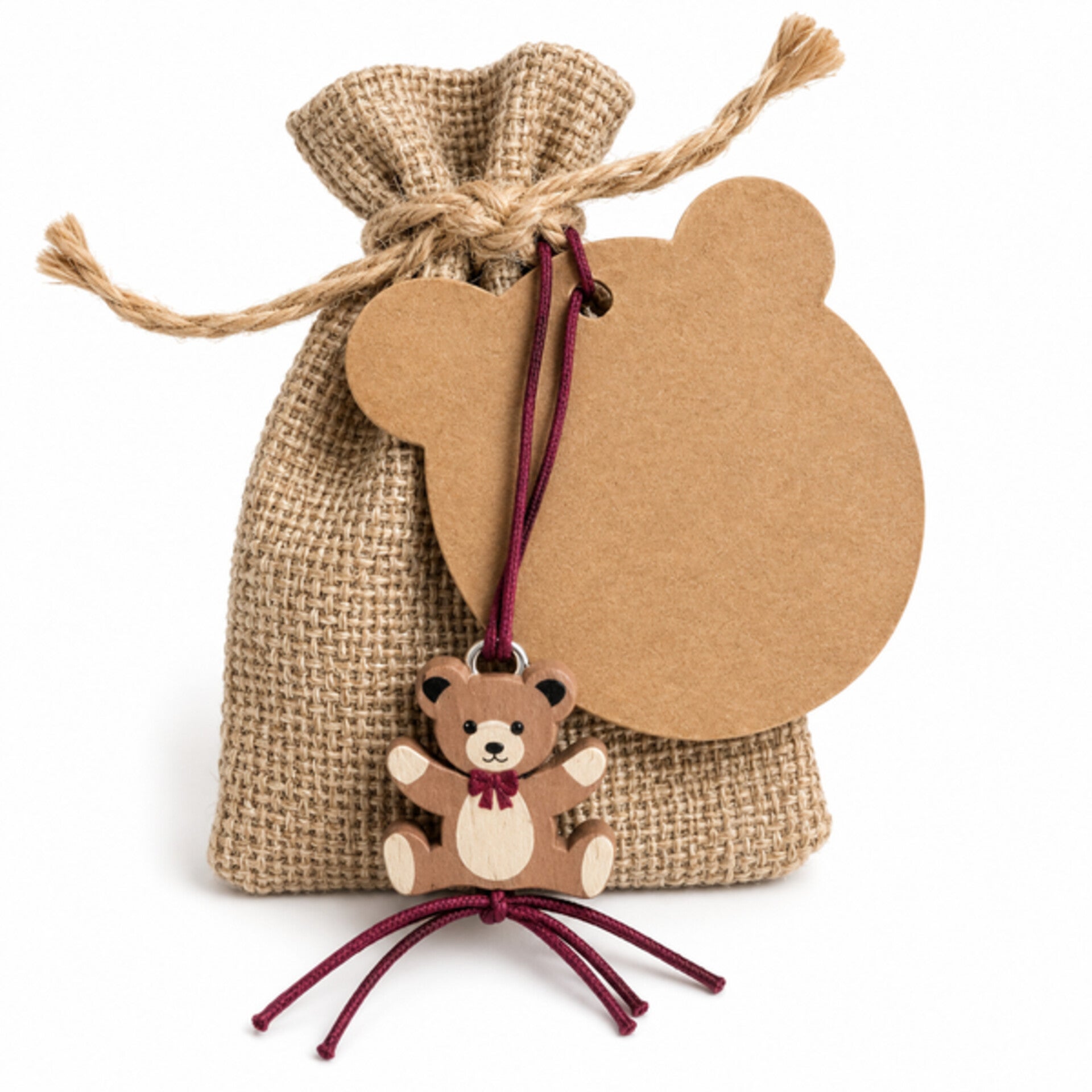 Jute zakje met kraft kaartje berenhoofdje en een houten gelukspoppetje Teddy Beer