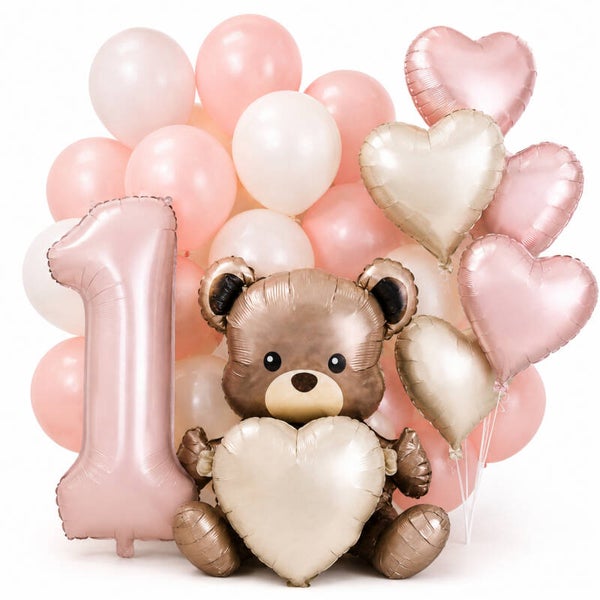 Folie ballonnen set Beer met witte en roze folie en latex ballonnen 27-delig