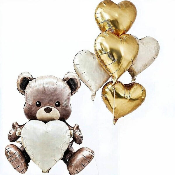 Folie ballonnen set Beer met ivoor witte en gouden harten