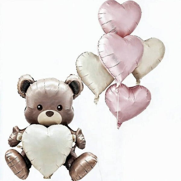 Folie ballonnen set Beer met witte en roze harten