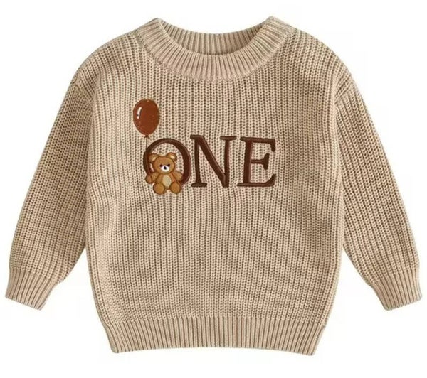 Beige 1e verjaardag trui One met een beertje met ballon