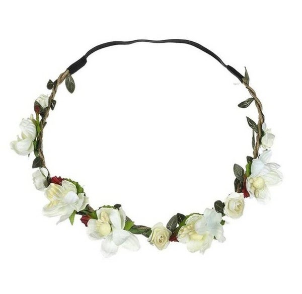 Bohemian style gevlochten haarbandje met blaadjes en ivoorkleurige bloemetjes