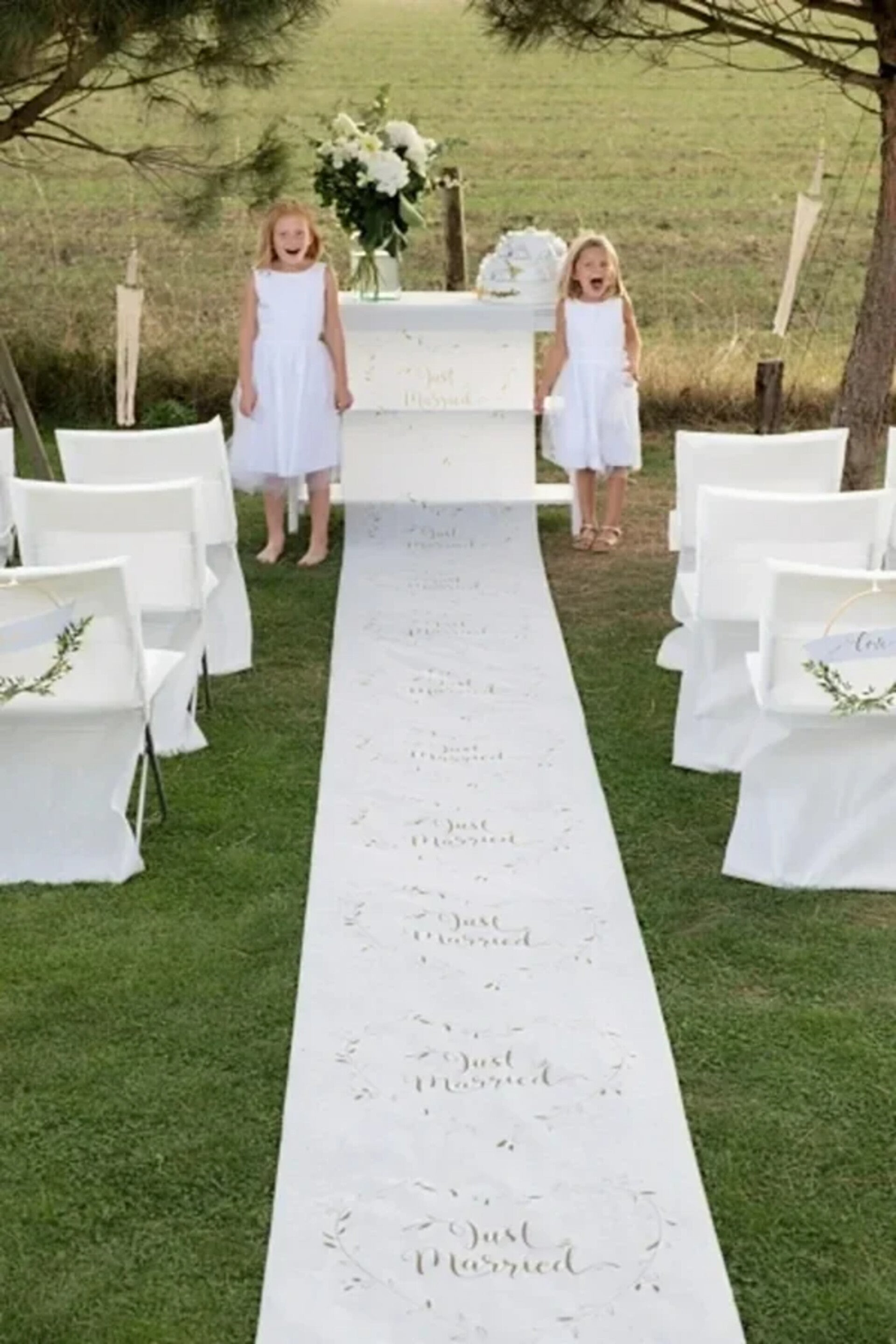 10 meter lange loper Just Married wit met goud