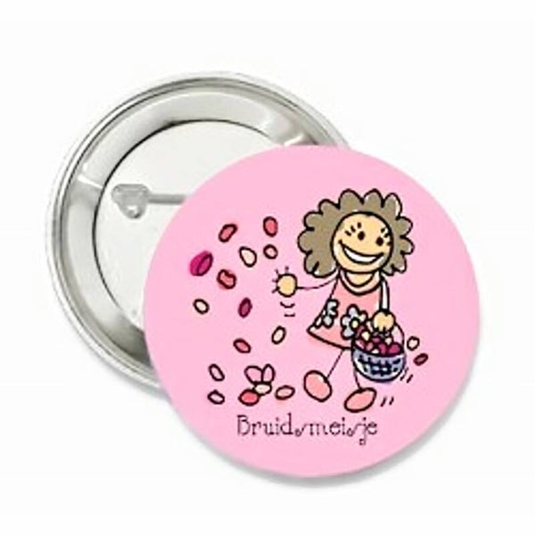 Button of (kleding)magneet Bruidsmeisje roze met of zonder eigen tekst