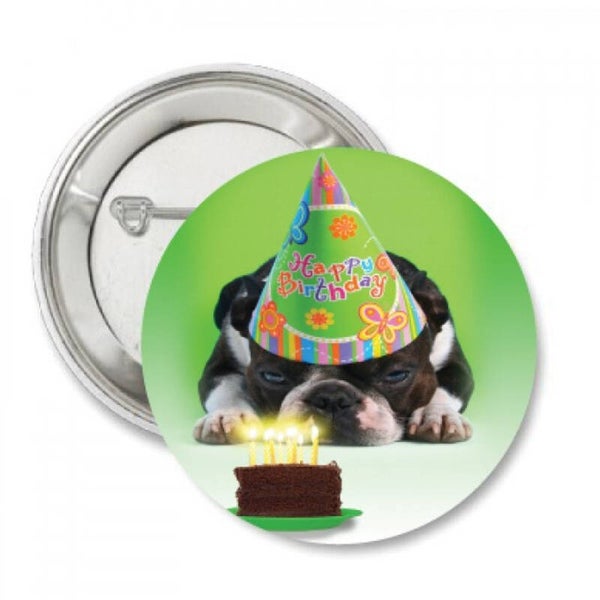 Button of kleding (magneet) 'Bulldog' happy birthday met of zonder eigen tekst