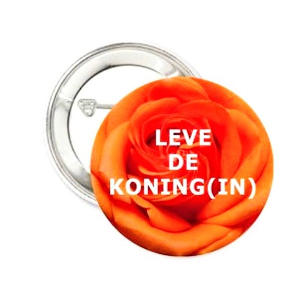 Oranje button of kleding (magneet) Leve de Koning(in) met of zonder eigen tekst