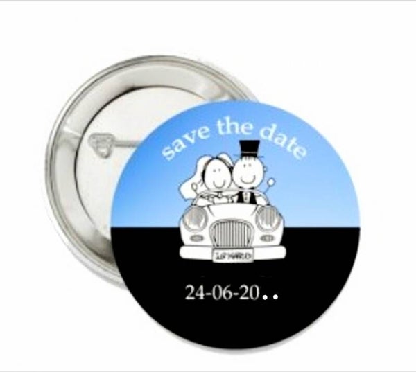 Button of (kleding)magneet Save the Date blauw met of zonder eigen tekst