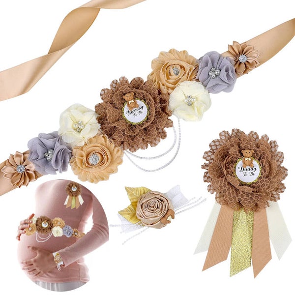 3-delige Babyshowerset Sweet Bear met bloemenband voor de buik, rozet en polscorsage