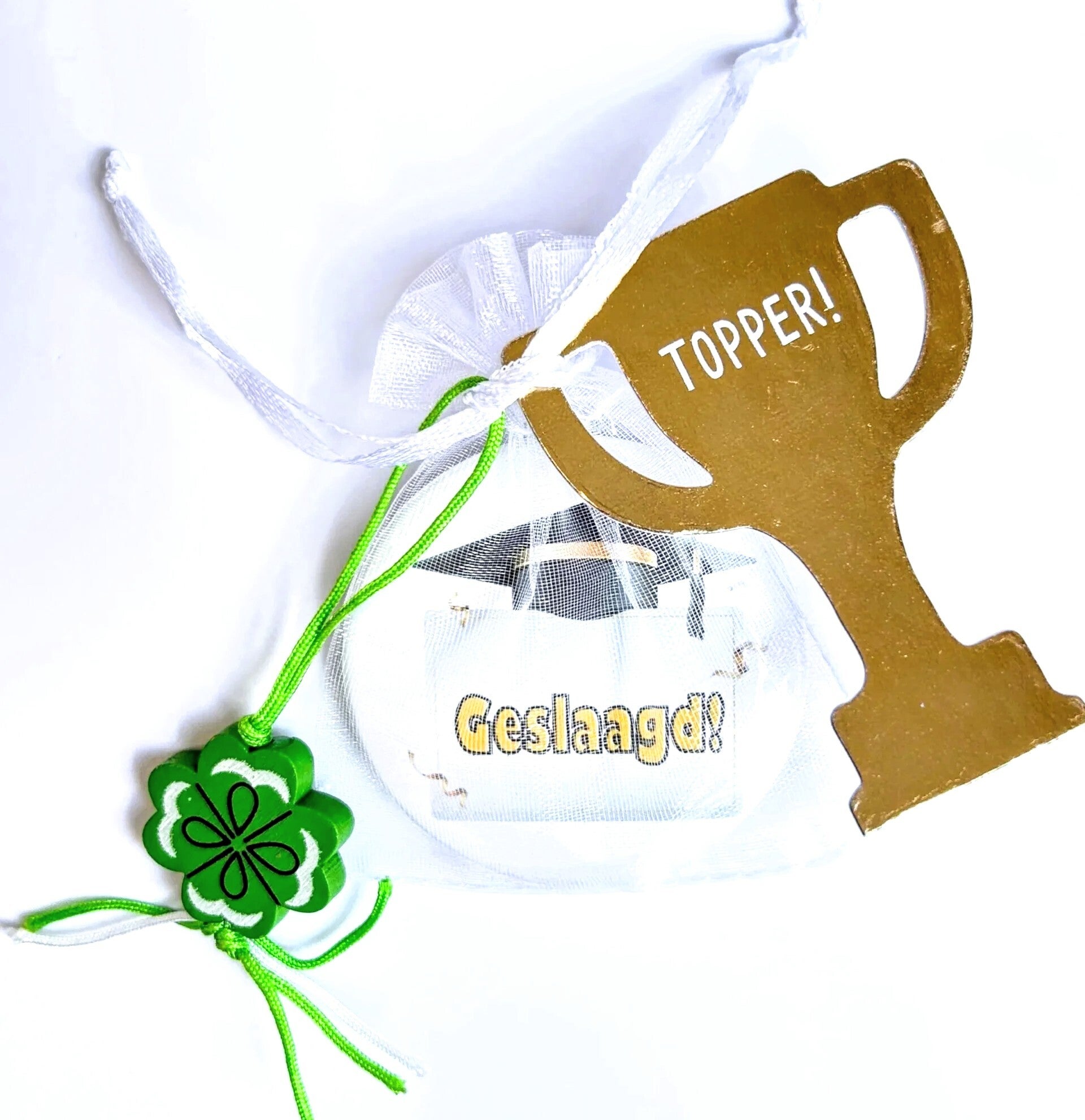 Bedankje/traktatie Geslaagd Topper en Veel Geluk