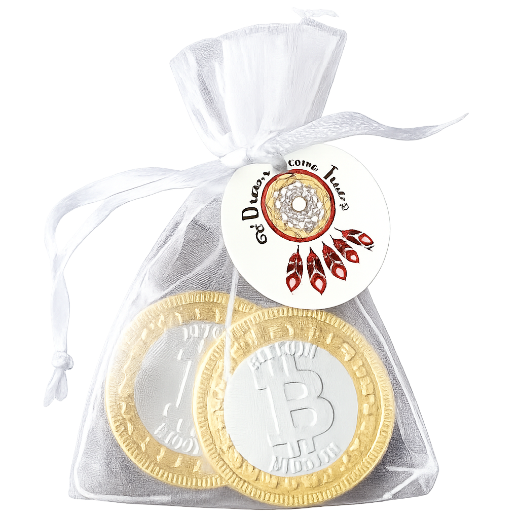 Give-away Dreams come True met kaartje en 2 chocolade bitcoin munten