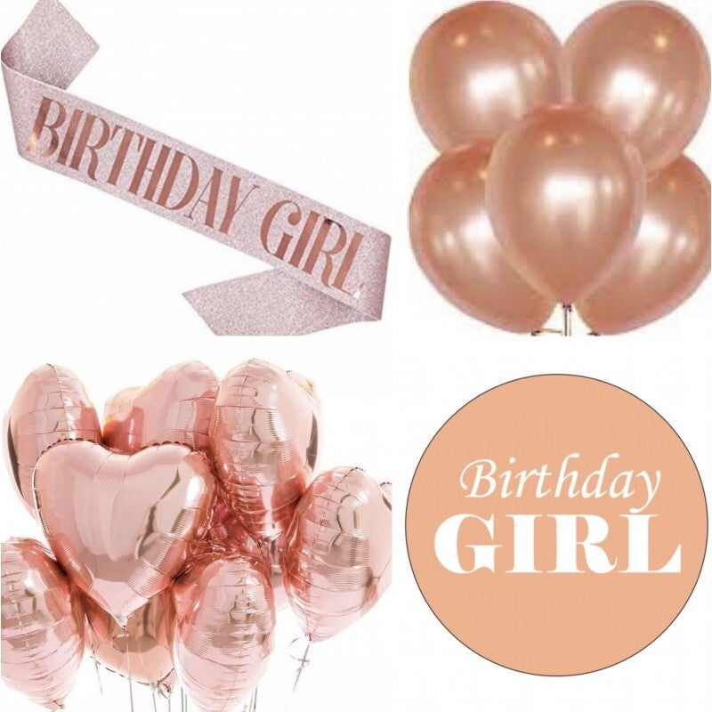 Birthday Girl set rosé goud 15-delig met sjerp, ballonnen en button