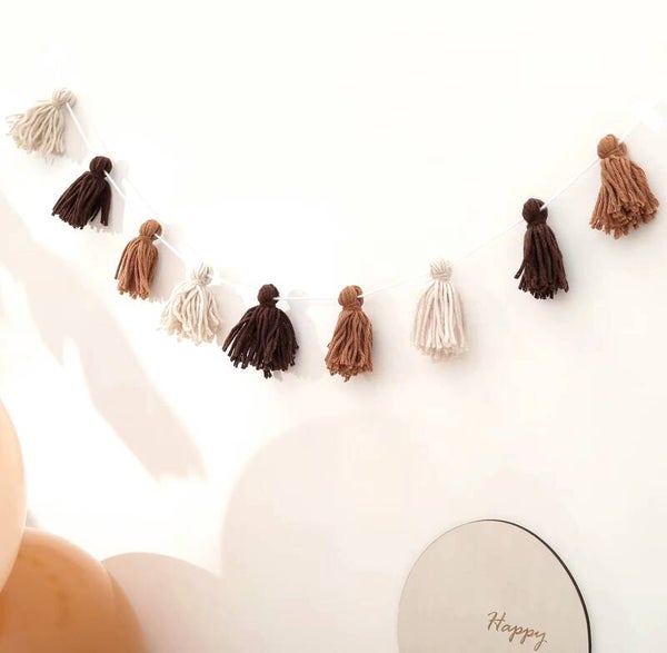Boho wollen tassel slinger bruin, beige en ivoor