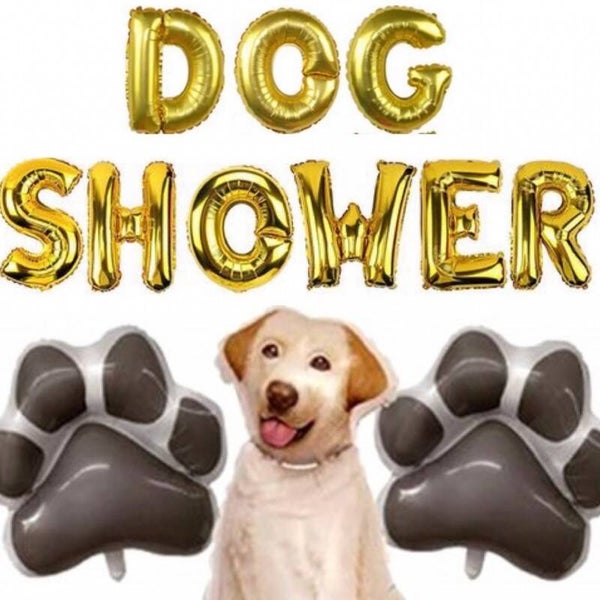 Folie ballon letter set Dog Shower goud inclusief 1 grote airwalker retriever ballon en 2 grote poten