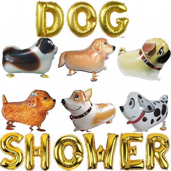 Folie ballon letter set Dog Shower goud inclusief 6 grote airwalker honden ballonnen