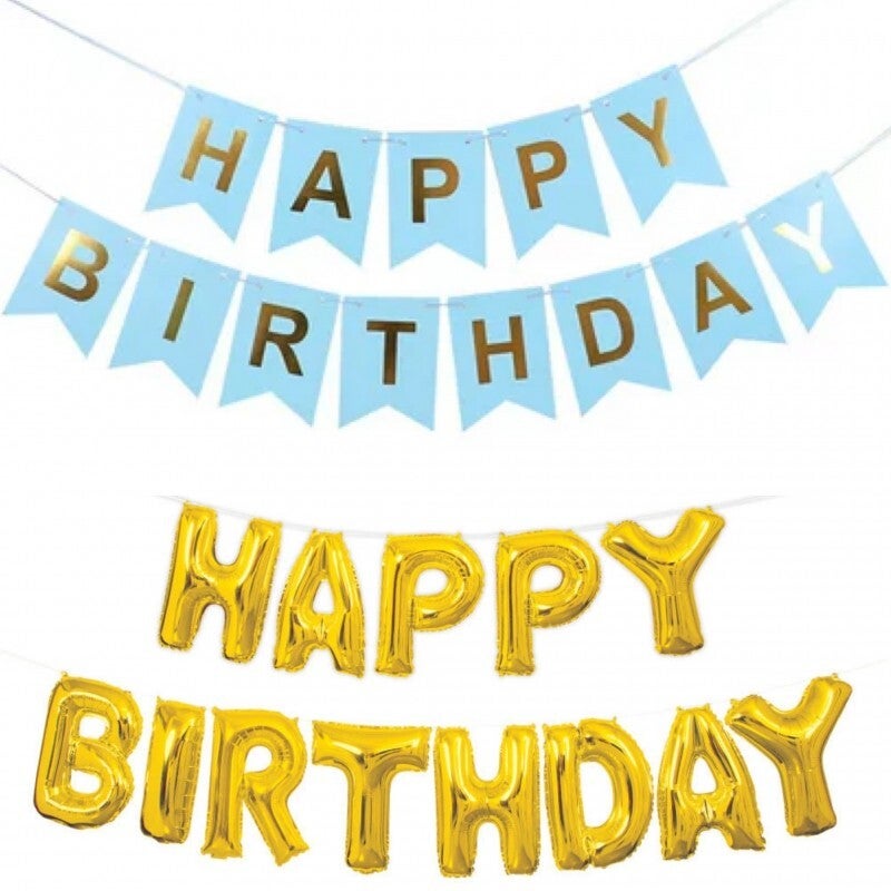 2-delige slinger set Happy Birthday licht blauw met goud