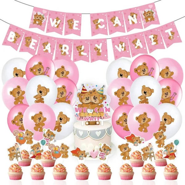 32-delige set We Can Bearly Wait roze met slingers, ballonnen, taart en cupcake toppers